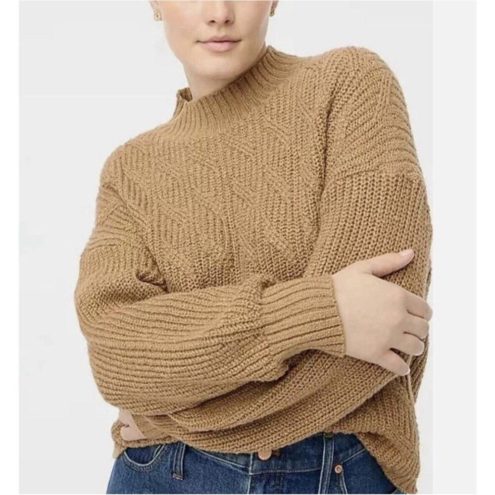 J.Crew Women's Mock Neck Cable Knit Sweater Size Medium Camel Brown Cotton Blend